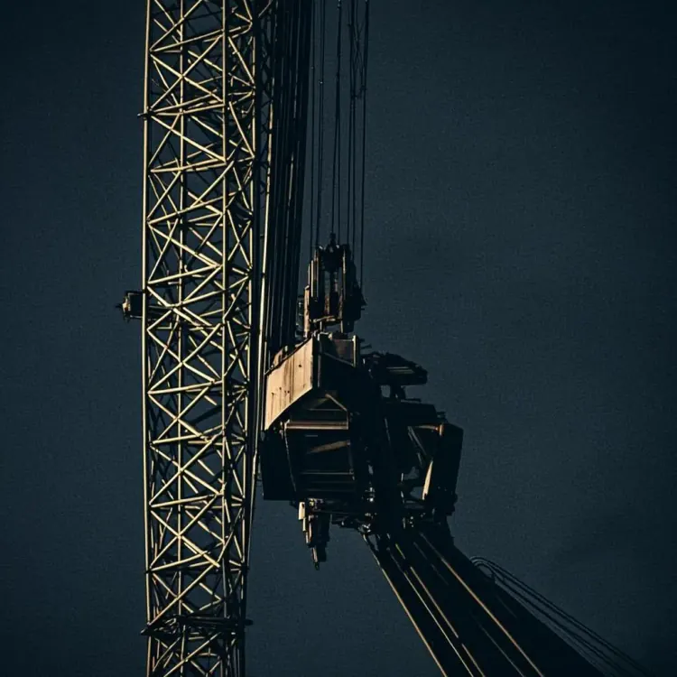 Detalle del mecanismo de pluma y cables de grúa torre en mantenimiento